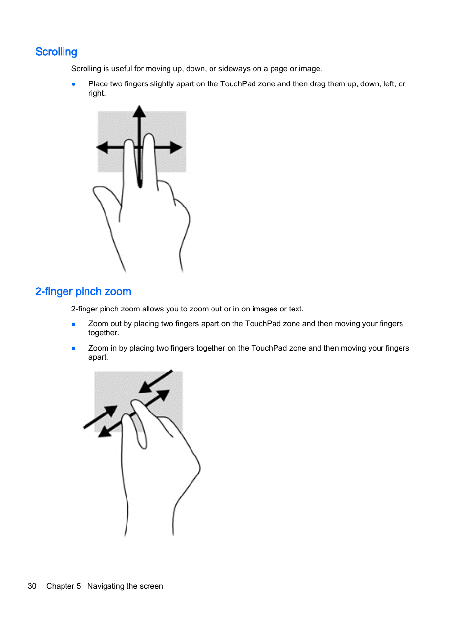 Scrolling, Finger pinch zoom, Scrolling 2-finger pinch zoom | HP Pavilion 13-a010dx x360 Convertible PC User Manual | Page 38 / 75