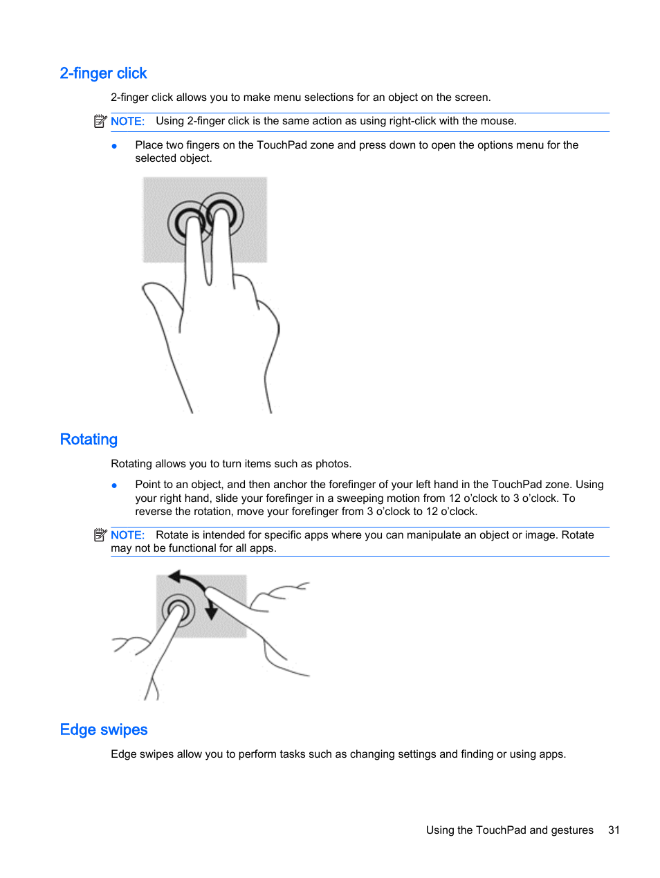 Finger click, Rotating, Edge swipes | Finger click rotating edge swipes | HP Pavilion 13-a010dx x360 Convertible PC User Manual | Page 39 / 75