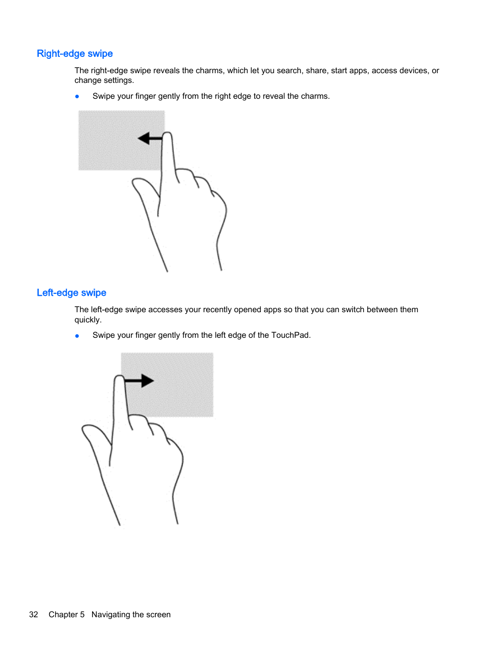 Right-edge swipe, Left-edge swipe, Right-edge swipe left-edge swipe | HP Pavilion 13-a010dx x360 Convertible PC User Manual | Page 40 / 75