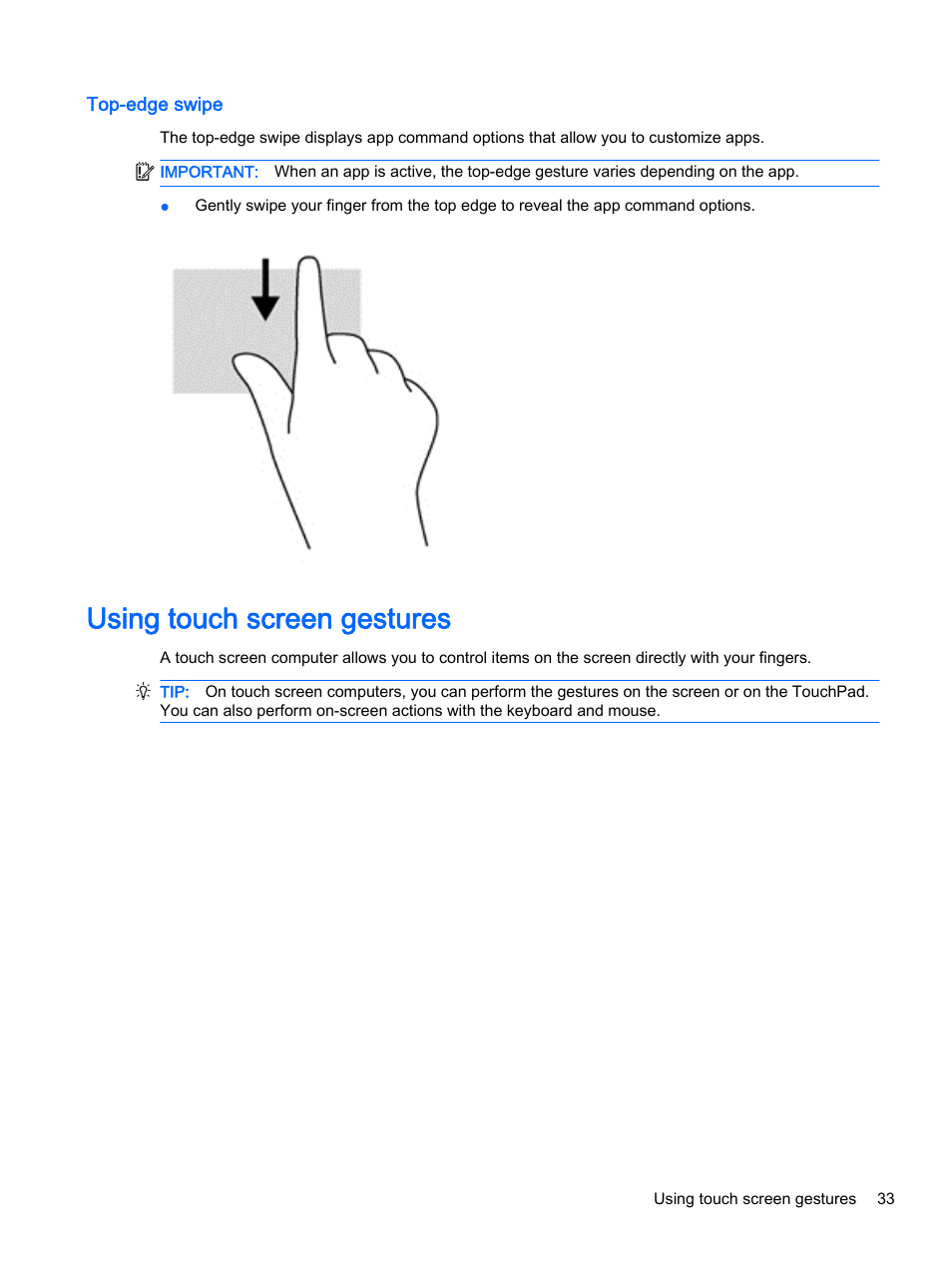 Top-edge swipe, Using touch screen gestures | HP Pavilion 13-a010dx x360 Convertible PC User Manual | Page 41 / 75
