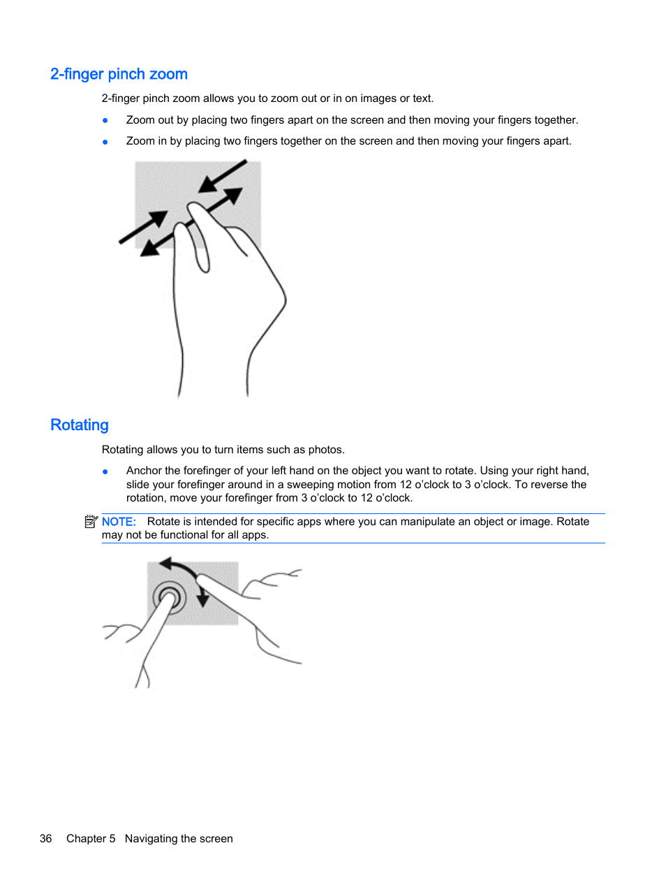 Finger pinch zoom, Rotating, Finger pinch zoom rotating | HP Pavilion 13-a010dx x360 Convertible PC User Manual | Page 44 / 75