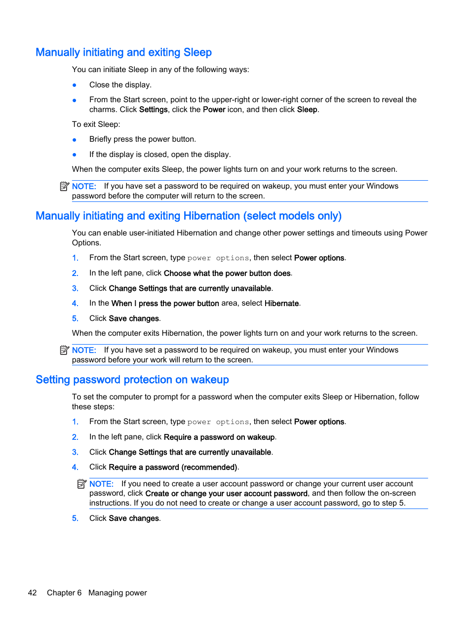 Manually initiating and exiting sleep, Setting password protection on wakeup, Manually | HP Pavilion 13-a010dx x360 Convertible PC User Manual | Page 50 / 75