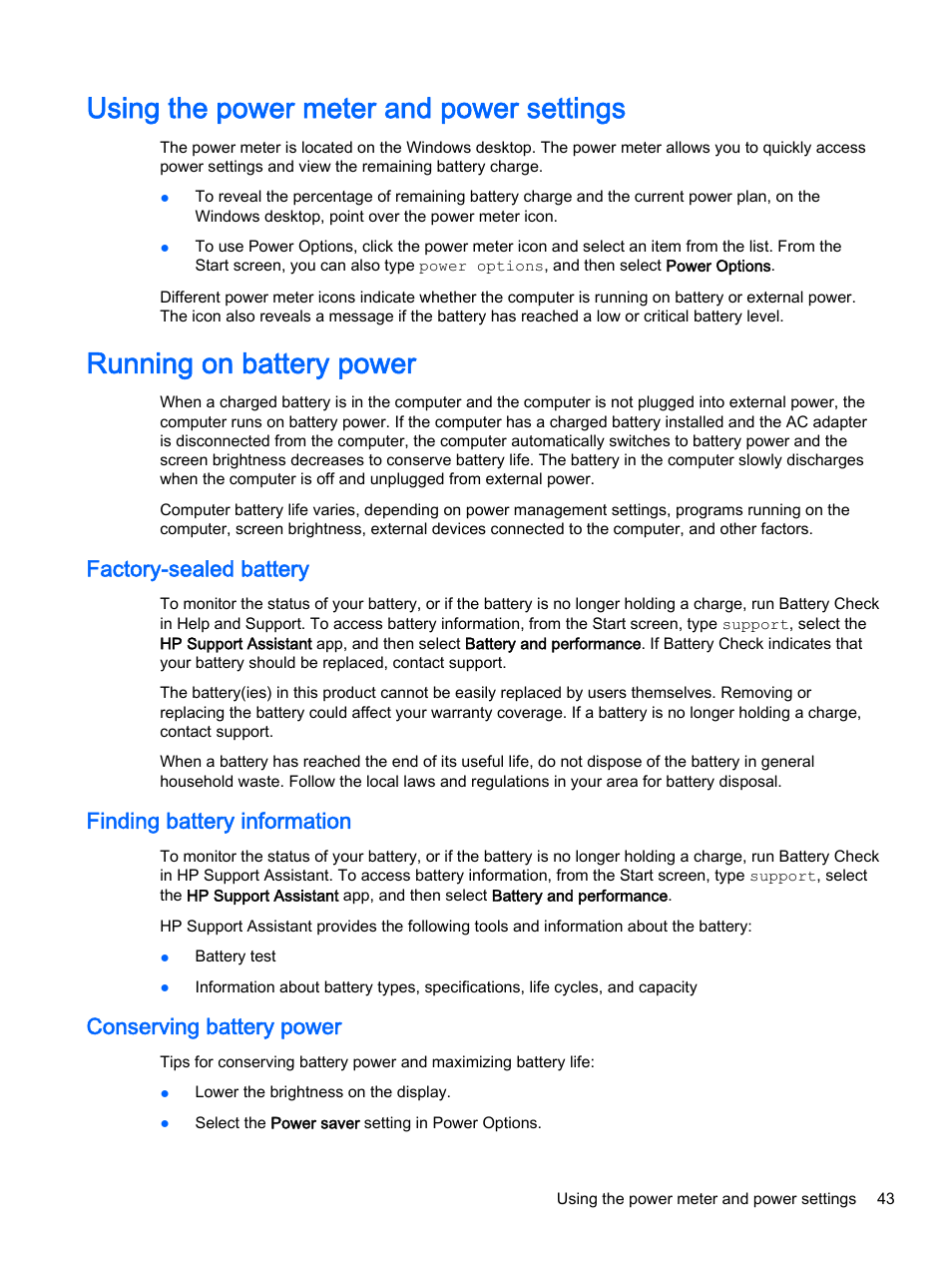 Using the power meter and power settings, Running on battery power, Factory-sealed battery | Finding battery information, Conserving battery power | HP Pavilion 13-a010dx x360 Convertible PC User Manual | Page 51 / 75