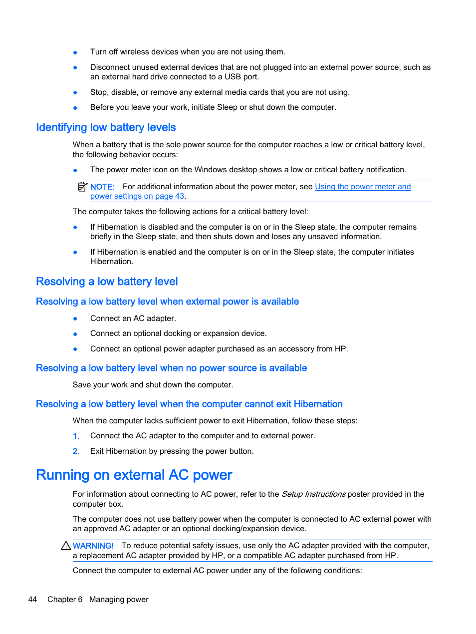 Identifying low battery levels, Resolving a low battery level, Running on external ac power | HP Pavilion 13-a010dx x360 Convertible PC User Manual | Page 52 / 75