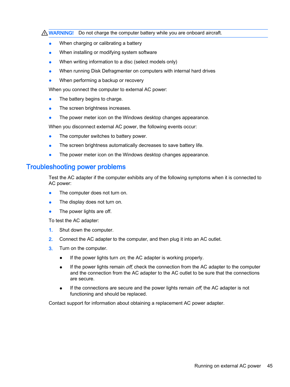 Troubleshooting power problems | HP Pavilion 13-a010dx x360 Convertible PC User Manual | Page 53 / 75