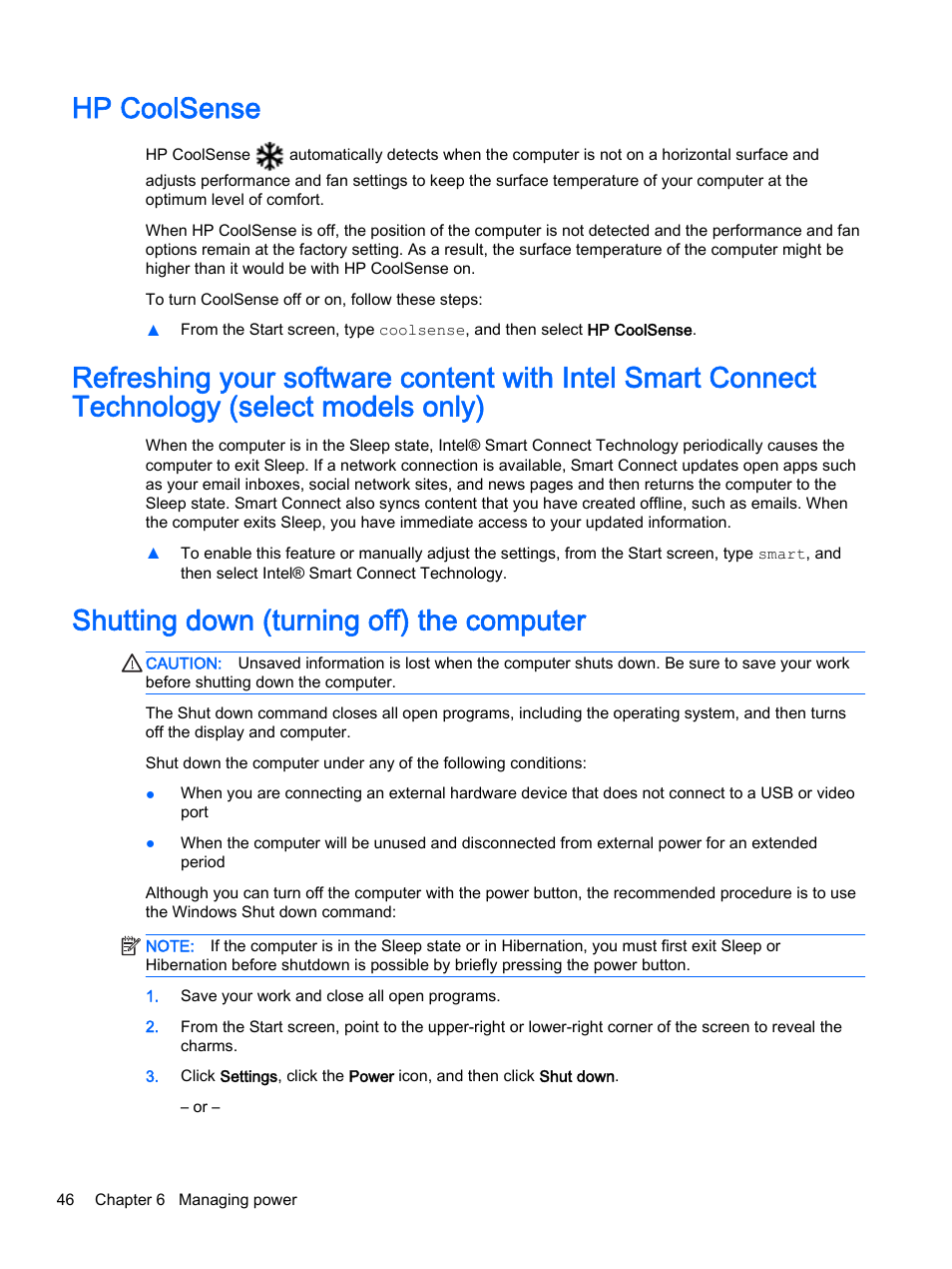 Hp coolsense, Shutting down (turning off) the computer | HP Pavilion 13-a010dx x360 Convertible PC User Manual | Page 54 / 75