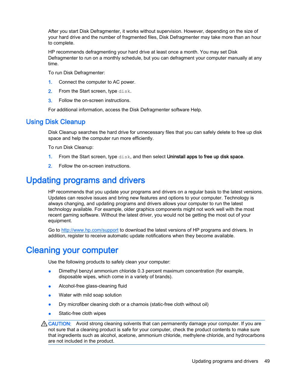 Using disk cleanup, Updating programs and drivers, Cleaning your computer | HP Pavilion 13-a010dx x360 Convertible PC User Manual | Page 57 / 75