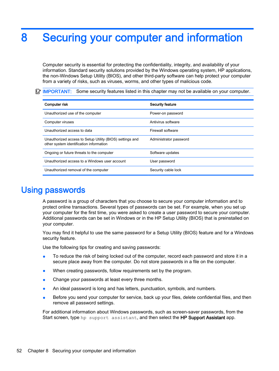 Securing your computer and information, Using passwords, 8 securing your computer and information | 8securing your computer and information | HP Pavilion 13-a010dx x360 Convertible PC User Manual | Page 60 / 75