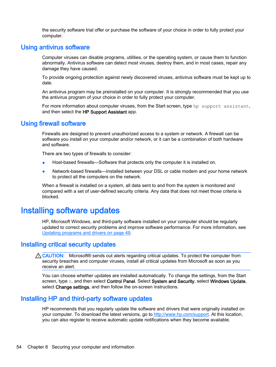 Using antivirus software, Using firewall software, Installing software updates | Installing critical security updates, Installing hp and third-party software updates, Using antivirus software using firewall software | HP Pavilion 13-a010dx x360 Convertible PC User Manual | Page 62 / 75