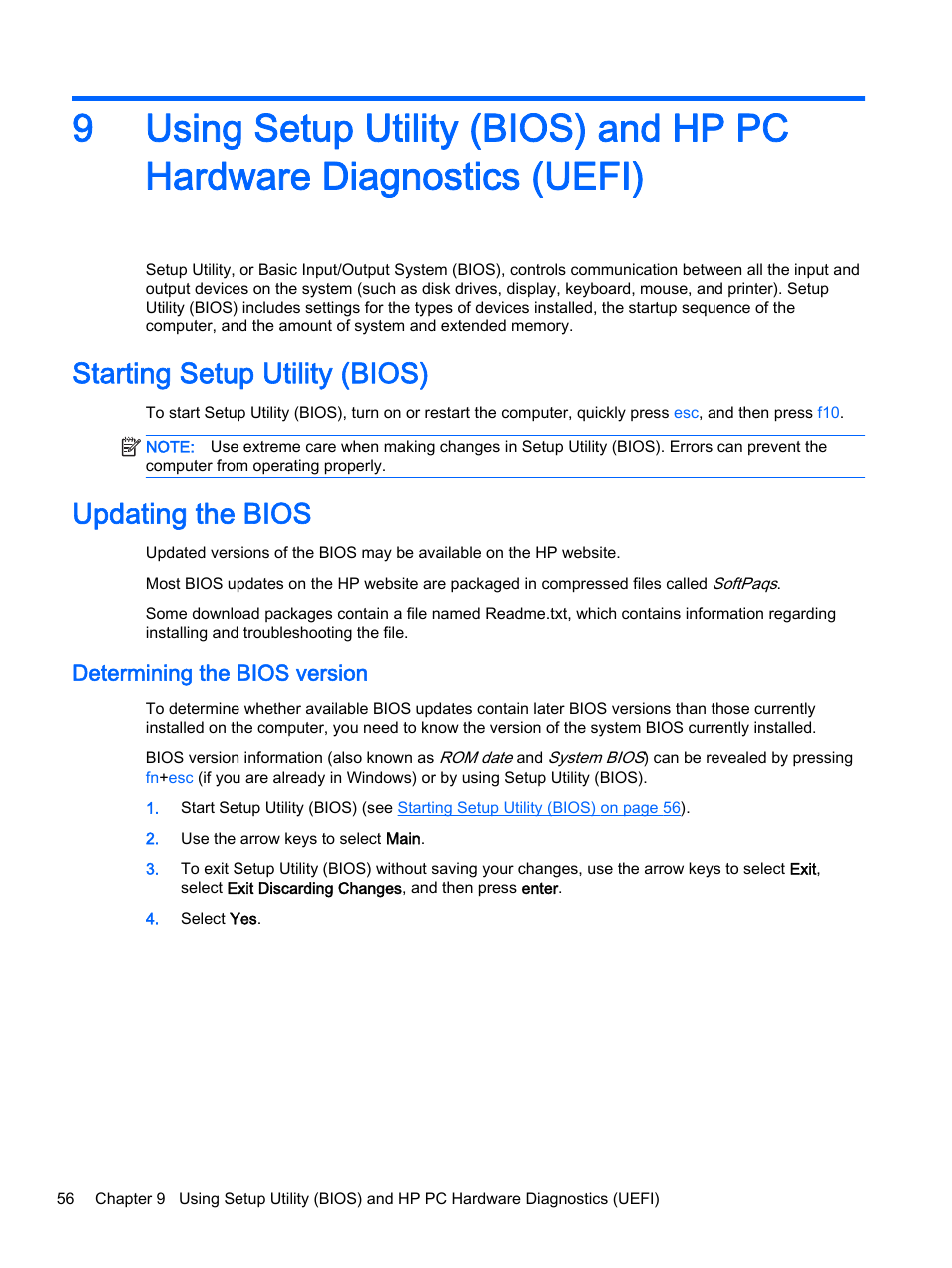 Starting setup utility (bios), Updating the bios, Determining the bios version | Starting setup utility (bios) updating the bios | HP Pavilion 13-a010dx x360 Convertible PC User Manual | Page 64 / 75