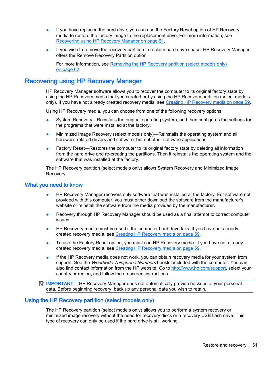 Recovering using hp recovery manager, What you need to know, Recovering using hp | HP Pavilion 13-a010dx x360 Convertible PC User Manual | Page 69 / 75