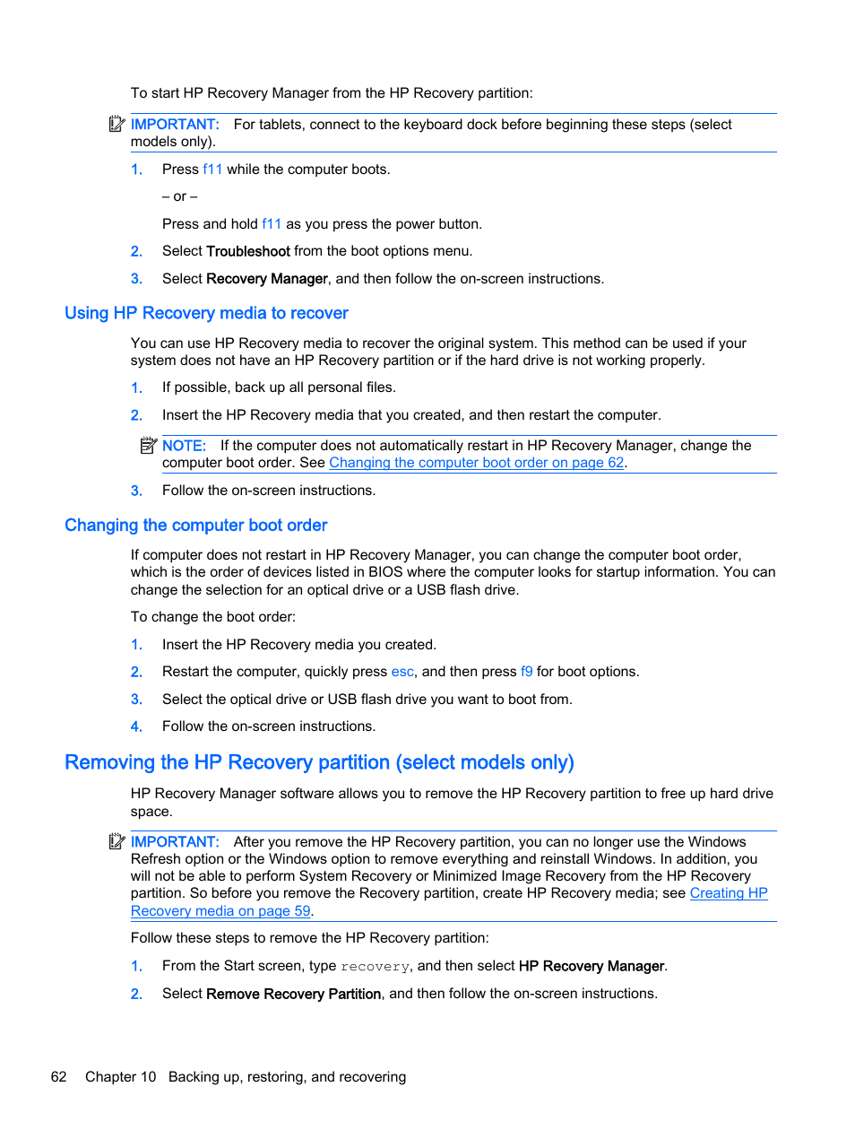 Using hp recovery media to recover, Changing the computer boot order | HP Pavilion 13-a010dx x360 Convertible PC User Manual | Page 70 / 75