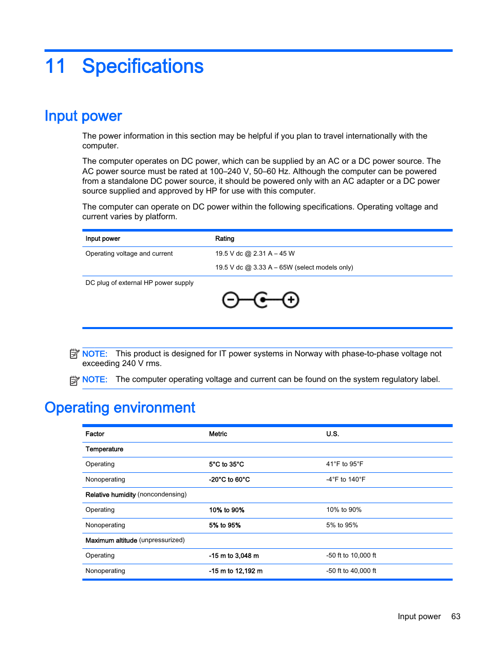 Specifications, Input power, Operating environment | 11 specifications, Input power operating environment | HP Pavilion 13-a010dx x360 Convertible PC User Manual | Page 71 / 75