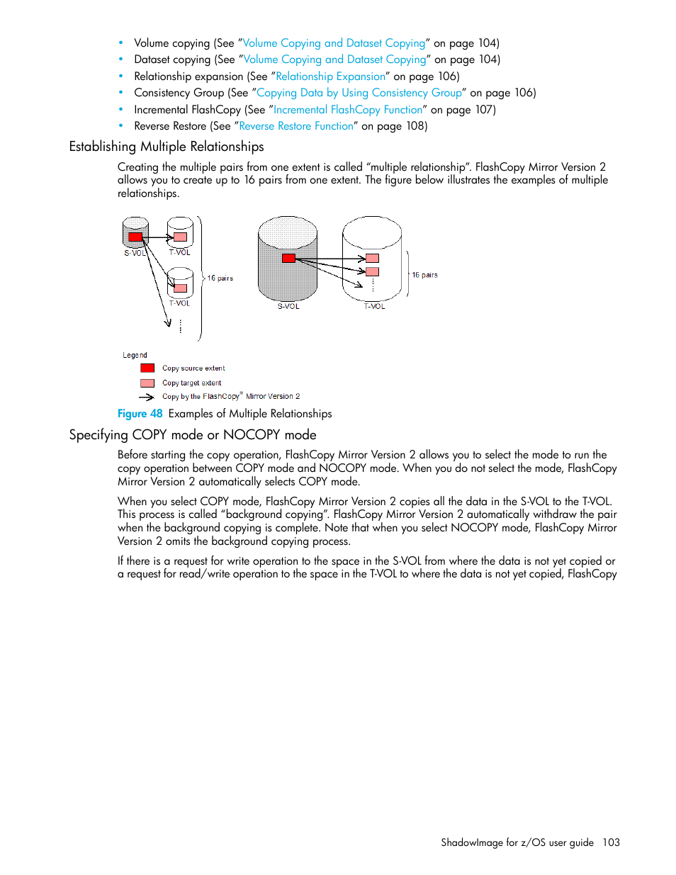 Establishing multiple relationships, Figure 48 examples of multiple relationships, Specifying copy mode or nocopy mode | 48 examples of multiple relationships | HP XP Business Copy Software User Manual | Page 103 / 178