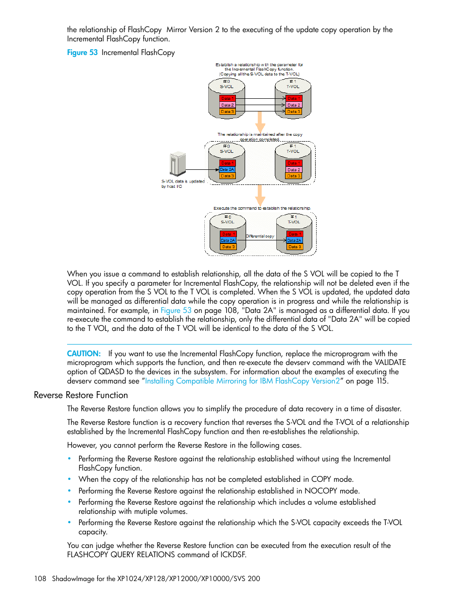 Figure 53 incremental flashcopy, Reverse restore function, 53 incremental flashcopy | HP XP Business Copy Software User Manual | Page 108 / 178