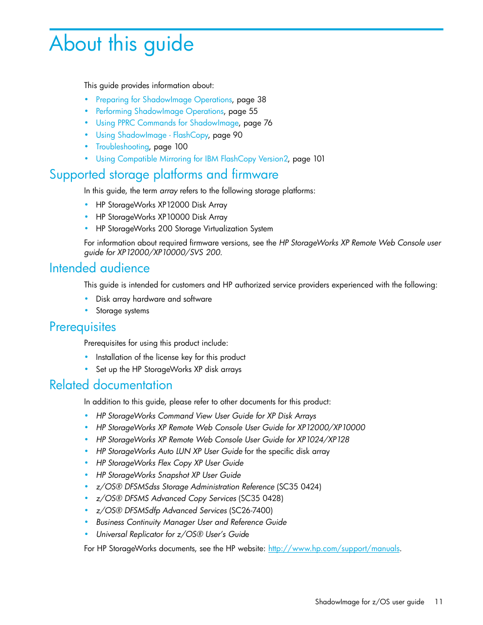 Supported storage platforms and firmware, Intended audience, Prerequisites | Related documentation, About this guide | HP XP Business Copy Software User Manual | Page 11 / 178