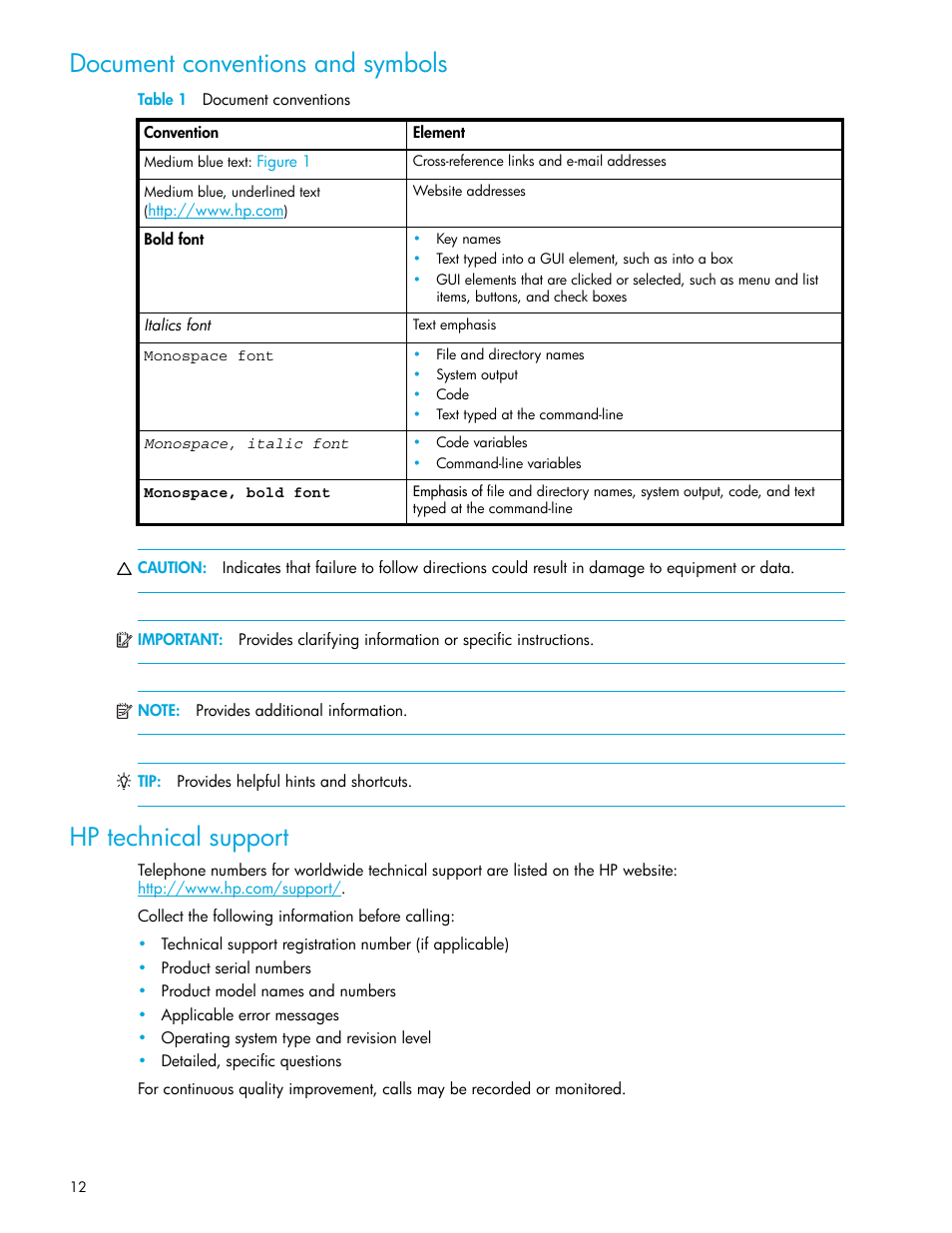Document conventions and symbols, Table 1 document conventions, Hp technical support | 1 document conventions | HP XP Business Copy Software User Manual | Page 12 / 178