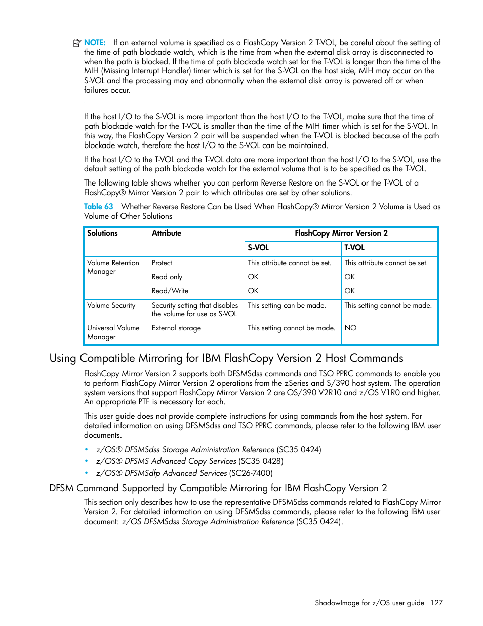 Other solutions127, Using compatible mirroring, For ibm flashcopy version 2 host commands | Dfsm command | HP XP Business Copy Software User Manual | Page 127 / 178