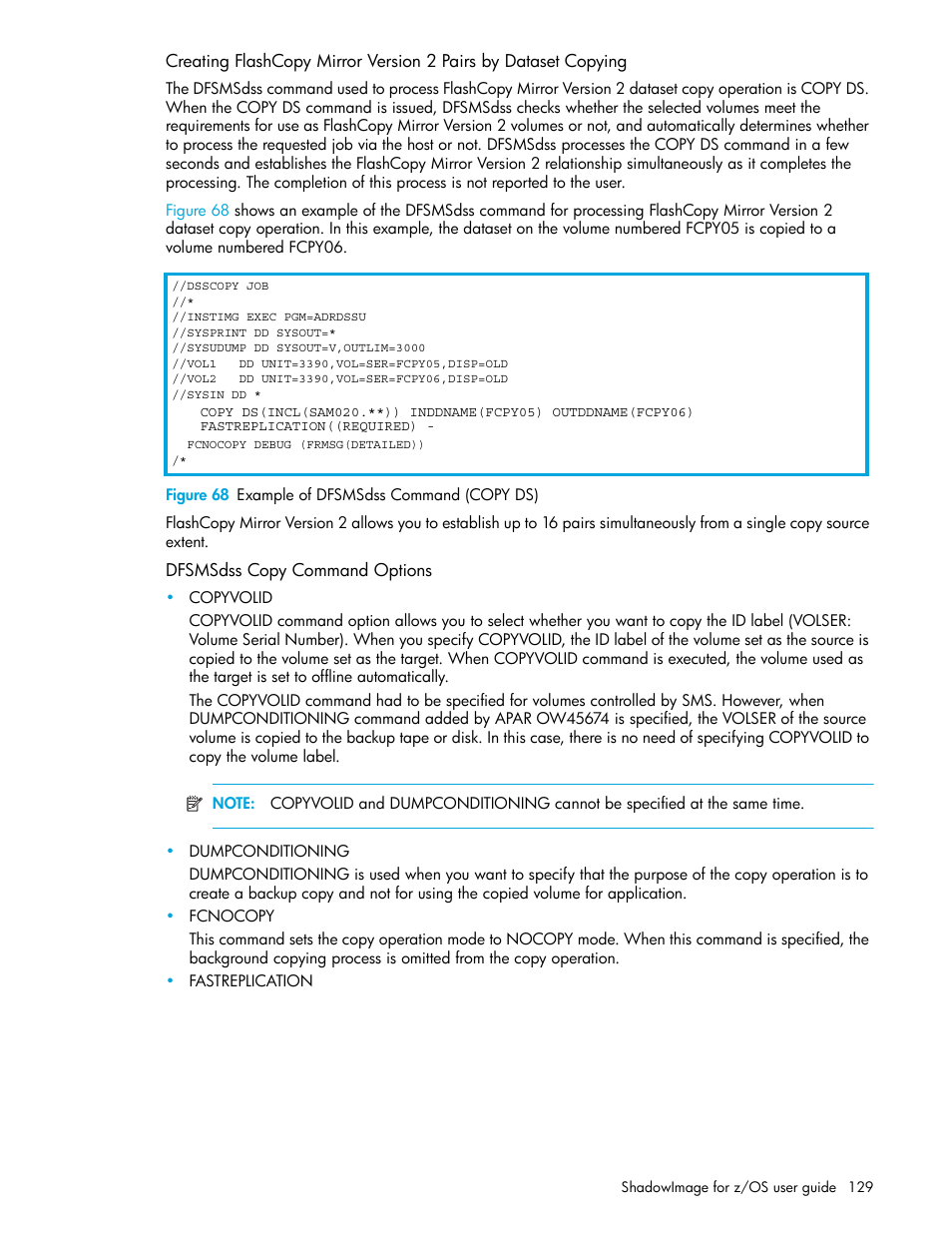 Figure 68 example of dfsmsdss command (copy ds), Dfsmsdss copy command options, 68 example of dfsmsdss command (copy ds) | HP XP Business Copy Software User Manual | Page 129 / 178