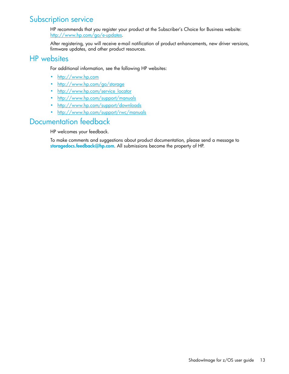 Subscription service, Hp websites, Documentation feedback | HP XP Business Copy Software User Manual | Page 13 / 178