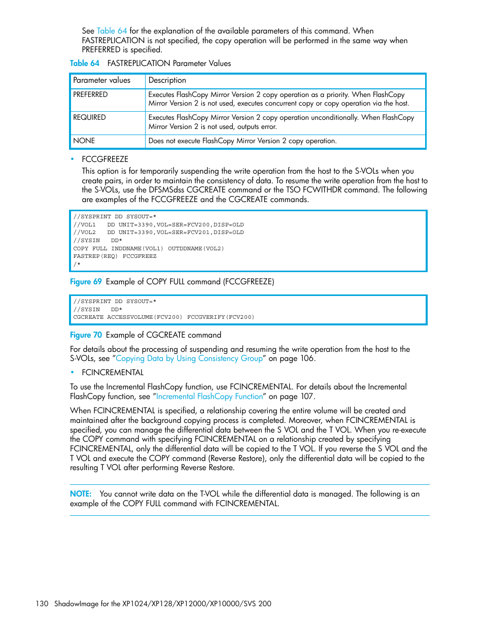 Table 64 fastreplication parameter values, Figure 70 example of cgcreate command, 69 example of copy full command (fccgfreeze) | 70 example of cgcreate command, 64 fastreplication parameter values | HP XP Business Copy Software User Manual | Page 130 / 178