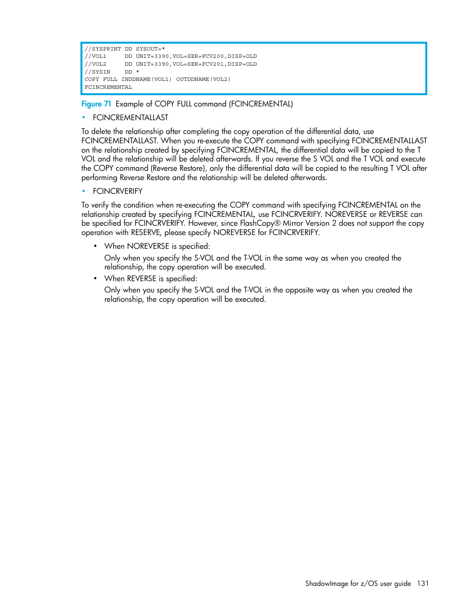 71 example of copy full command (fcincremental) | HP XP Business Copy Software User Manual | Page 131 / 178
