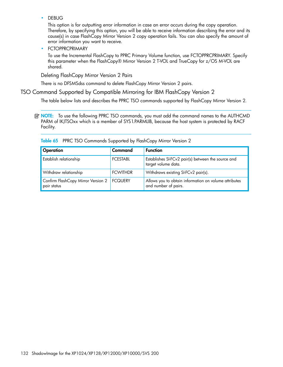 Deleting flashcopy mirror version 2 pairs, Tso command supported by compatible, Mirroring for ibm flashcopy version 2 | HP XP Business Copy Software User Manual | Page 132 / 178