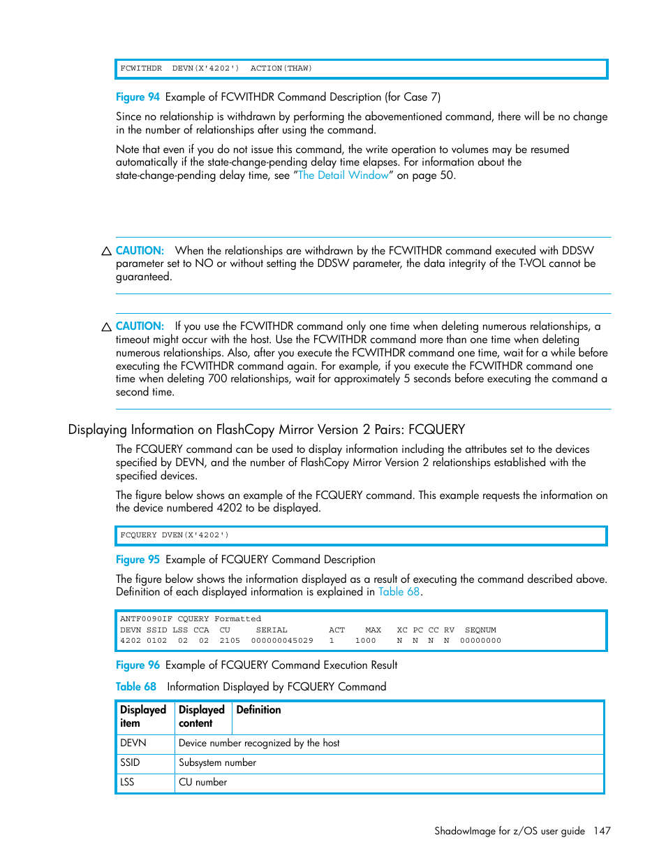 Figure 95 example of fcquery command description, Table 68 information displayed by fcquery command, 95 example of fcquery command description | 96 example of fcquery command execution result, 68 information displayed by fcquery command, Displaying | HP XP Business Copy Software User Manual | Page 147 / 178