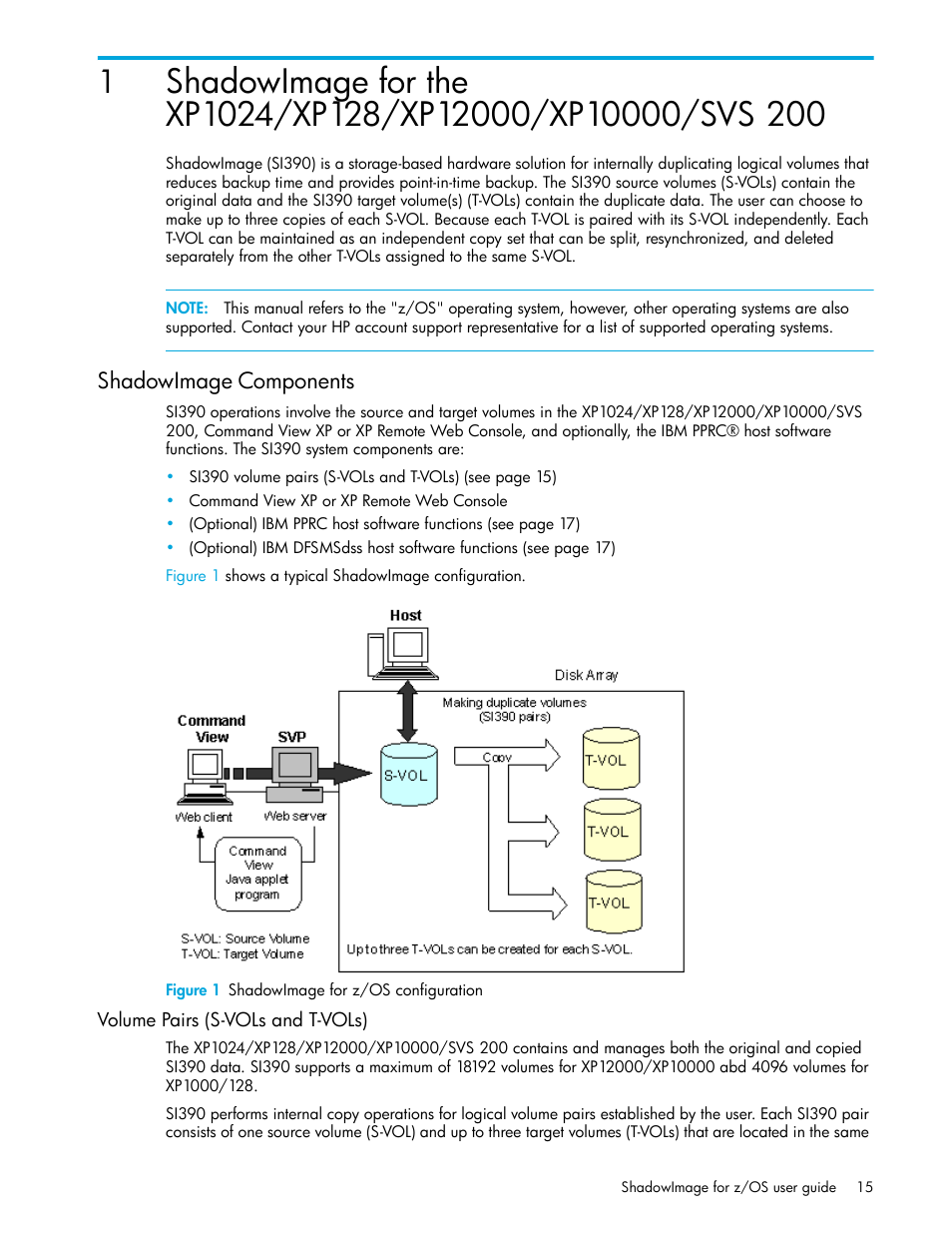 Shadowimage components, Figure 1 shadowimage for z/os configuration, Volume pairs (s-vols and t-vols) | 1 shadowimage for z/os configuration, Shadowimage, Components | HP XP Business Copy Software User Manual | Page 15 / 178