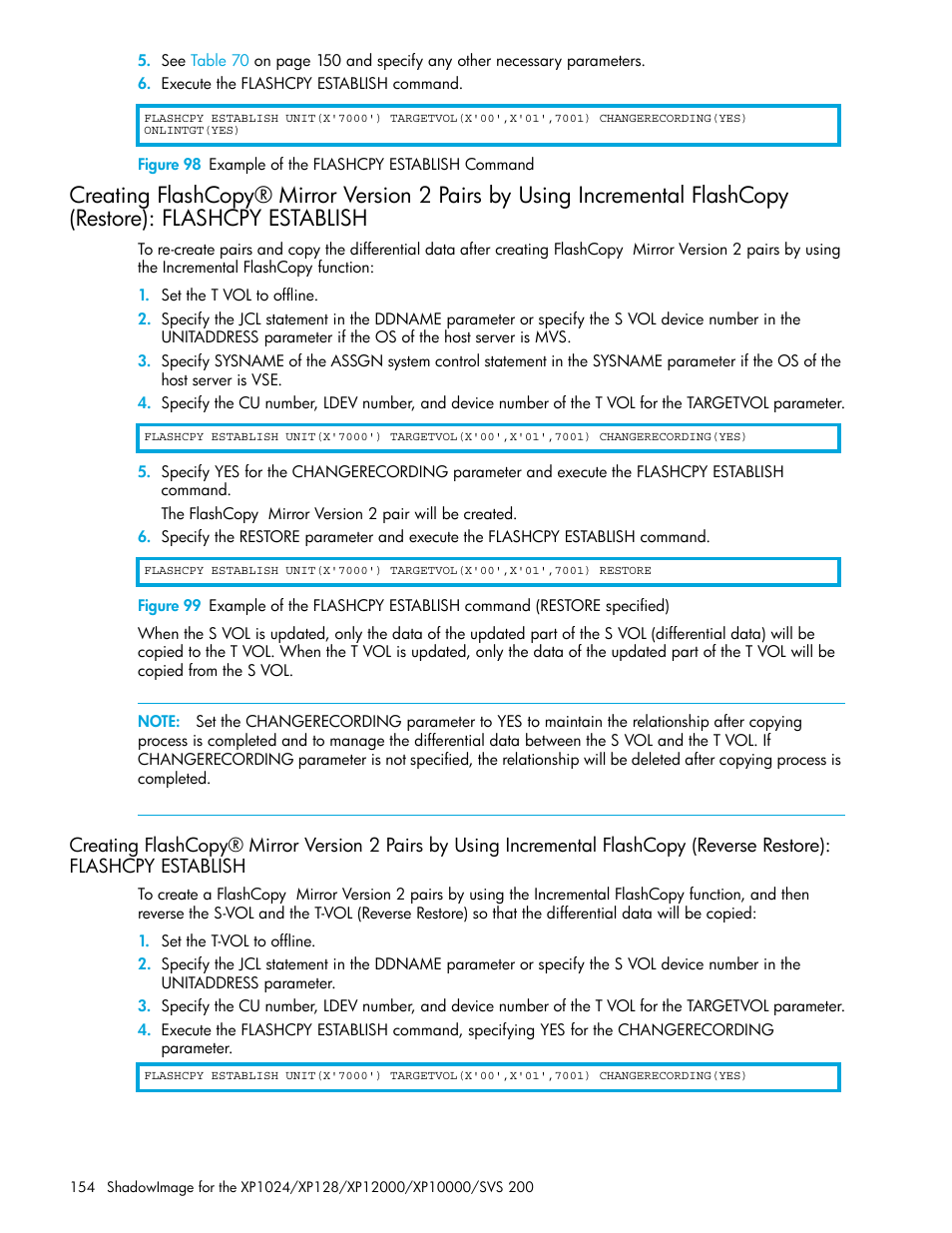 Establish, Flashcpy establish, 98 example of the flashcpy establish command | HP XP Business Copy Software User Manual | Page 154 / 178