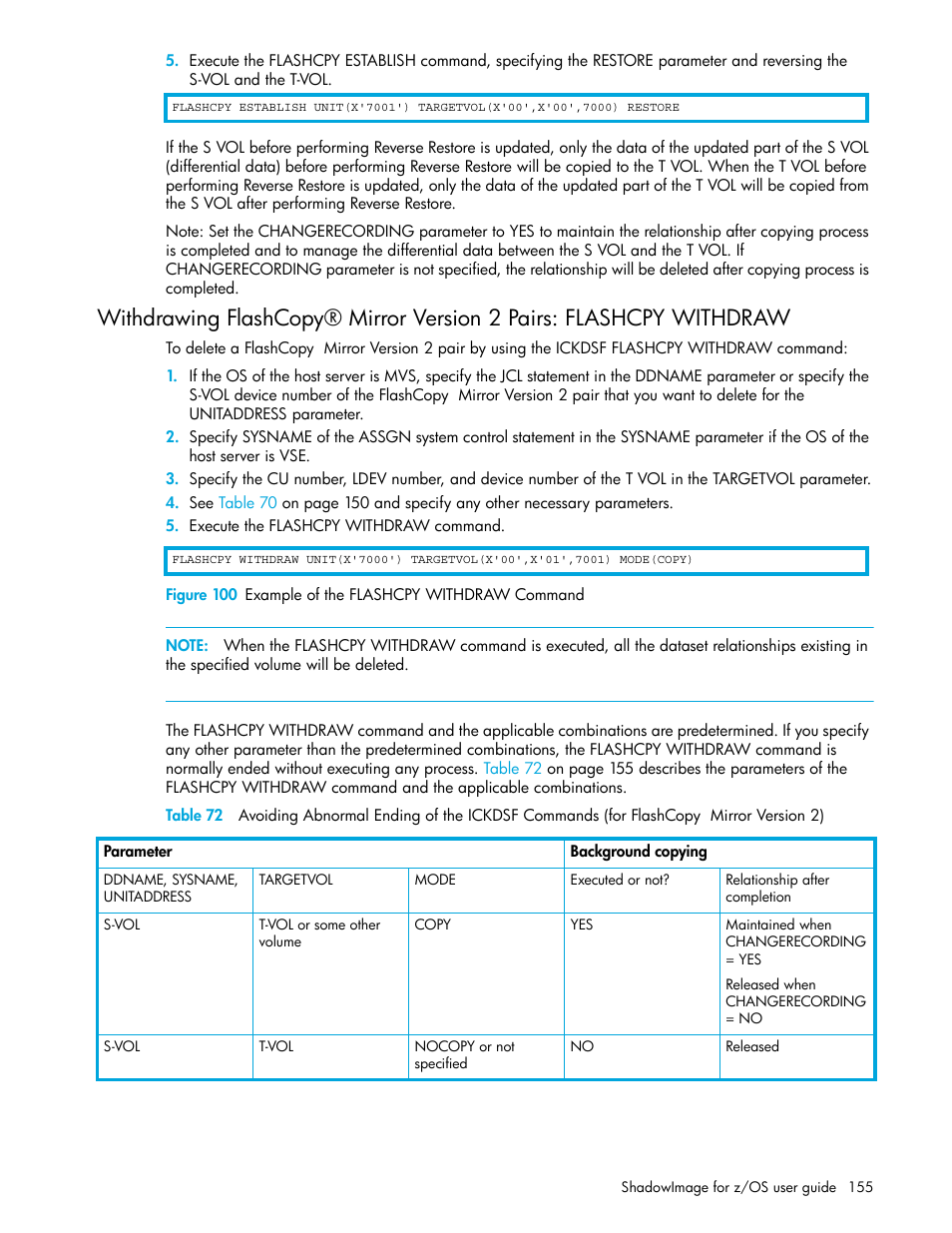 100 example of the flashcpy withdraw command | HP XP Business Copy Software User Manual | Page 155 / 178