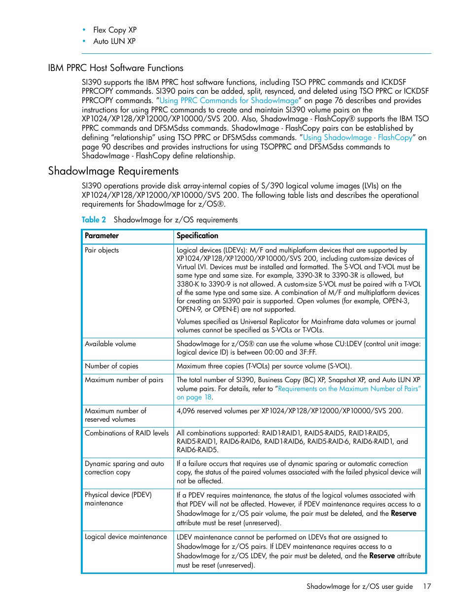 Ibm pprc host software functions, Shadowimage requirements, Table 2 shadowimage for z/os requirements | 2 shadowimage for z/os requirements | HP XP Business Copy Software User Manual | Page 17 / 178