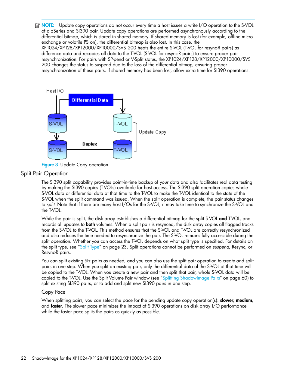 Figure 3 update copy operation, Split pair operation, Copy pace | 3 update copy operation | HP XP Business Copy Software User Manual | Page 22 / 178