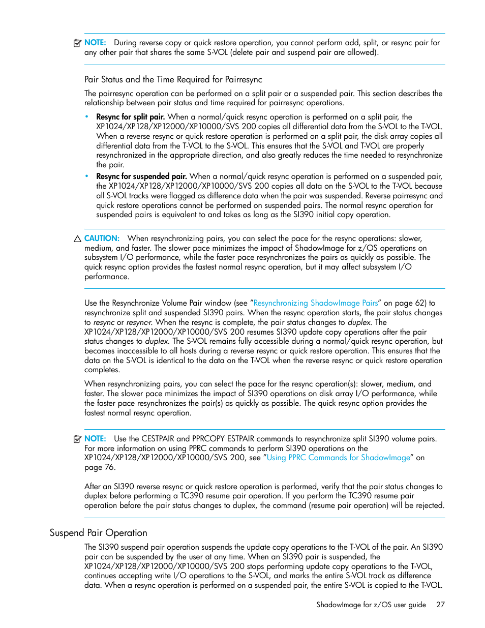 Pair status and the time required for pairresync, Suspend pair operation | HP XP Business Copy Software User Manual | Page 27 / 178