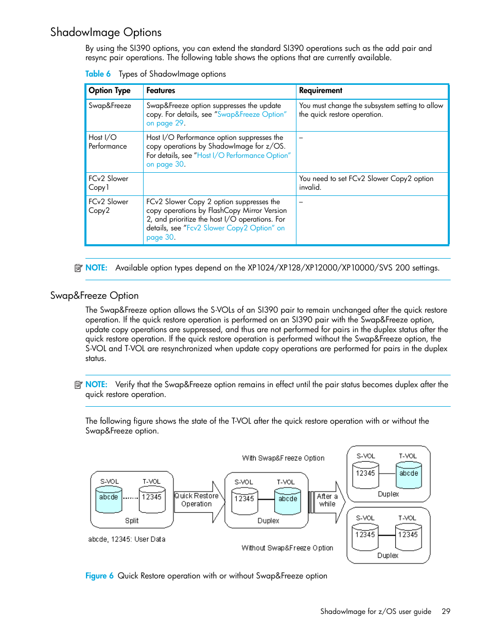 Shadowimage options, Table 6 types of shadowimage options, Swap&freeze option | 6 types of shadowimage options, Swap&freeze option” on | HP XP Business Copy Software User Manual | Page 29 / 178