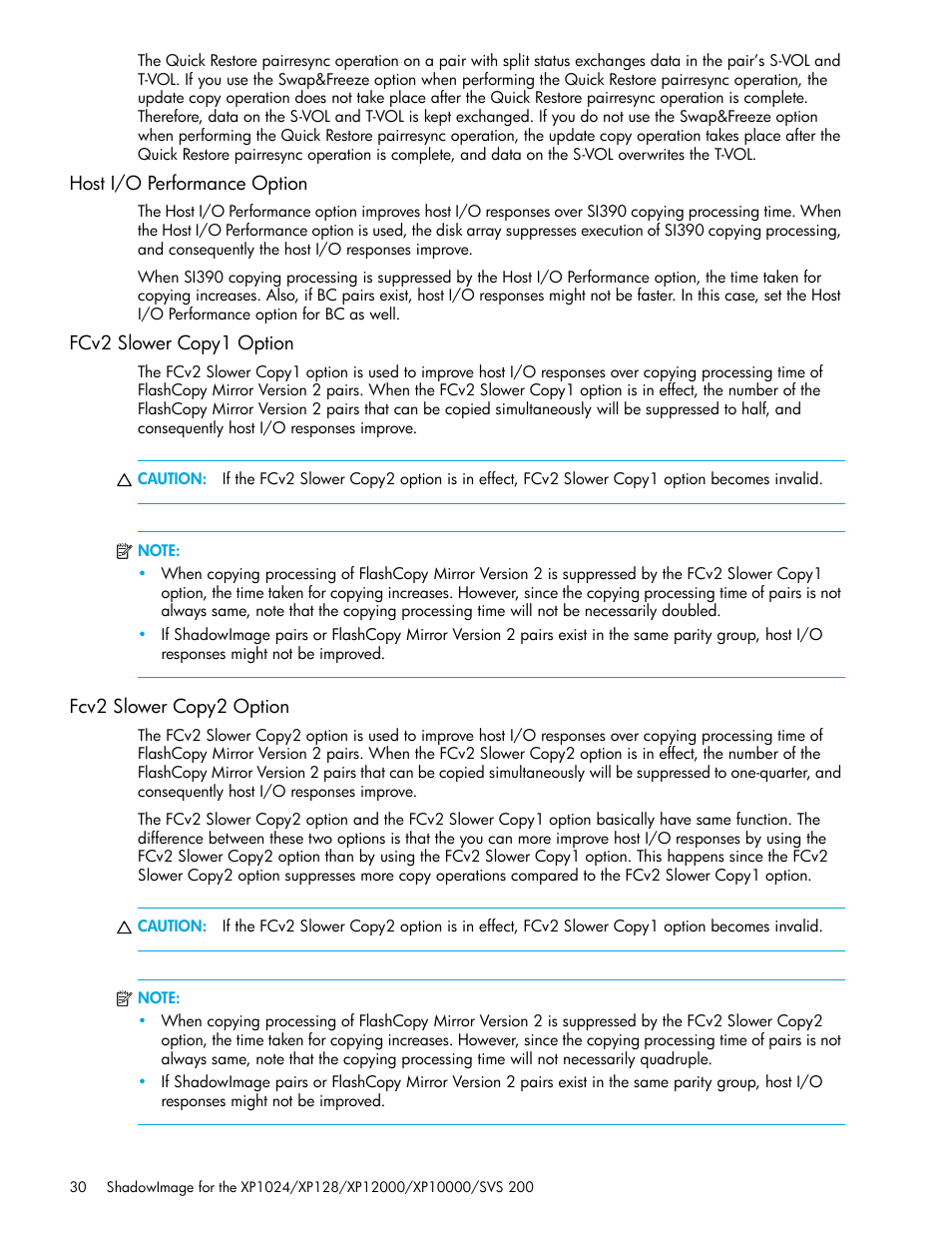 Host i/o performance option, Fcv2 slower copy1 option, Fcv2 slower copy2 option | Host i/o performance option” on, Fcv2 slower copy2 option” on | HP XP Business Copy Software User Manual | Page 30 / 178