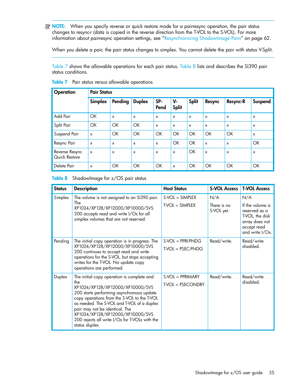 Table 7 pair status versus allowable operations, Table 8 shadowimage for z/os pair status, 7 pair status versus allowable operations | 8 shadowimage for z/os pair status | HP XP Business Copy Software User Manual | Page 35 / 178
