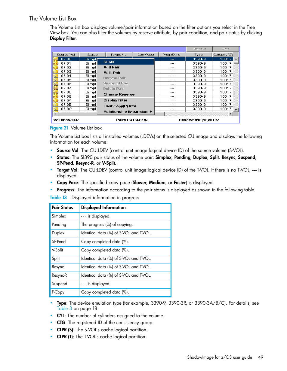 The volume list box, Figure 21 volume list box, Table 13 displayed information in progress | 21 volume list box, 13 displayed information in progress, Volume list box | HP XP Business Copy Software User Manual | Page 49 / 178