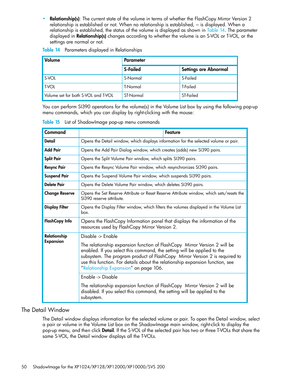 Table 14 parameters displayed in relationships, Table 15 list of shadowimage pop-up menu commands, The detail window | 14 parameters displayed in relationships, 15 list of shadowimage pop-up menu commands | HP XP Business Copy Software User Manual | Page 50 / 178