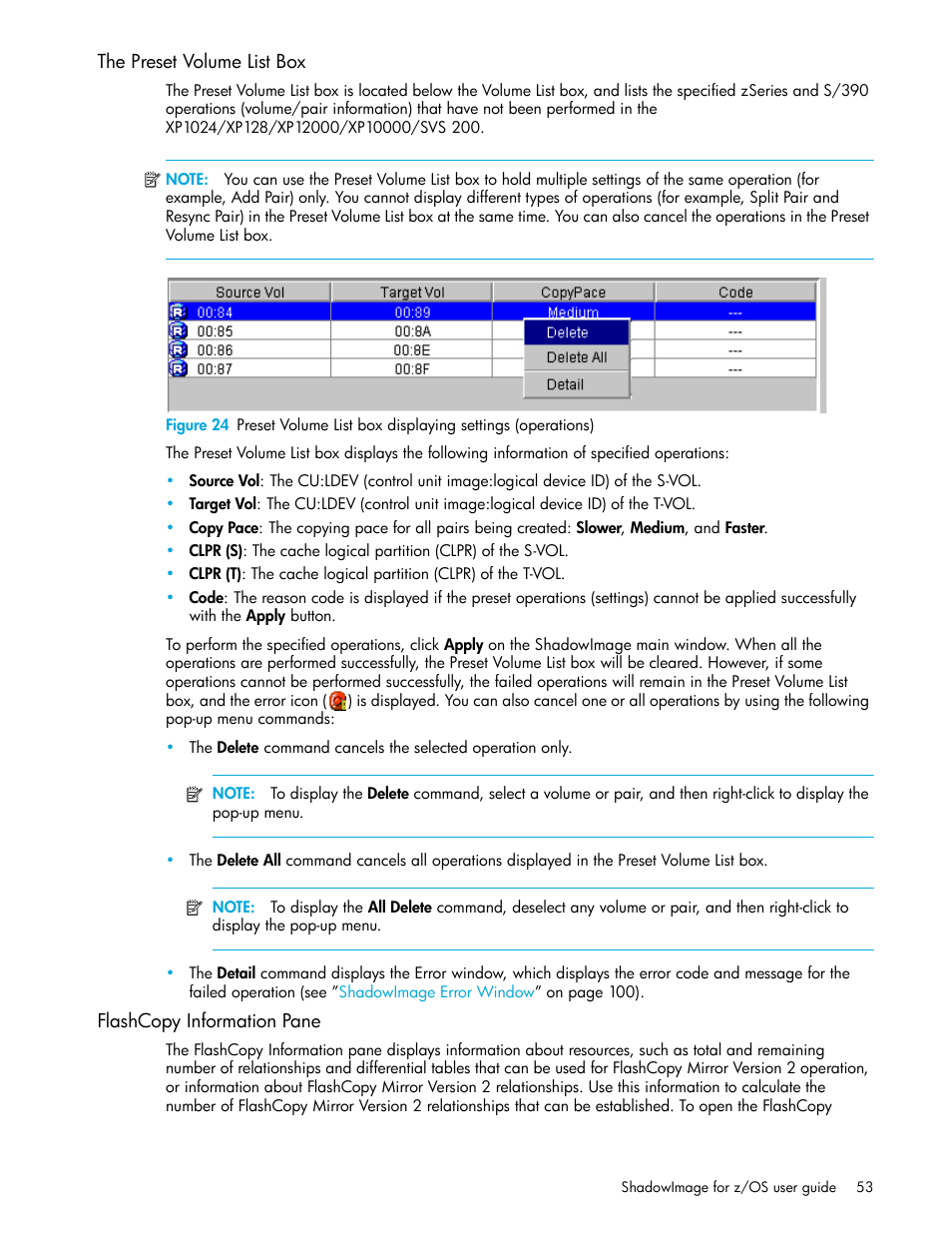 The preset volume list box, Flashcopy information pane, The preset | Volume list box | HP XP Business Copy Software User Manual | Page 53 / 178