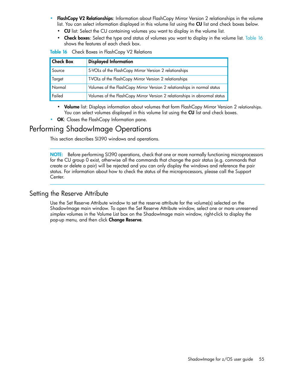 Table 16 check boxes in flashcopy v2 relations, Performing shadowimage operations, Setting the reserve attribute | 16 check boxes in flashcopy v2 relations | HP XP Business Copy Software User Manual | Page 55 / 178