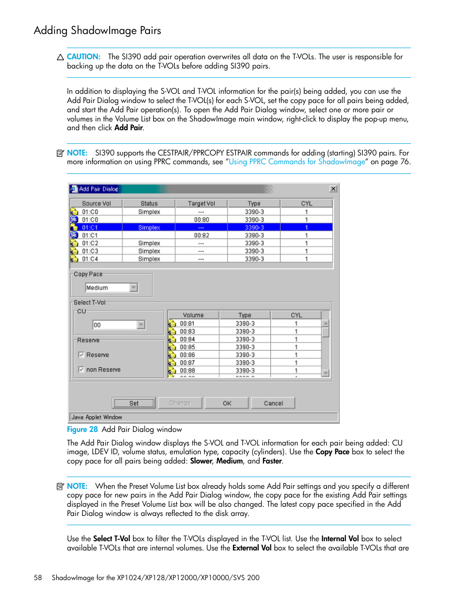 Adding shadowimage pairs, Figure 28 add pair dialog window, 28 add pair dialog window | HP XP Business Copy Software User Manual | Page 58 / 178