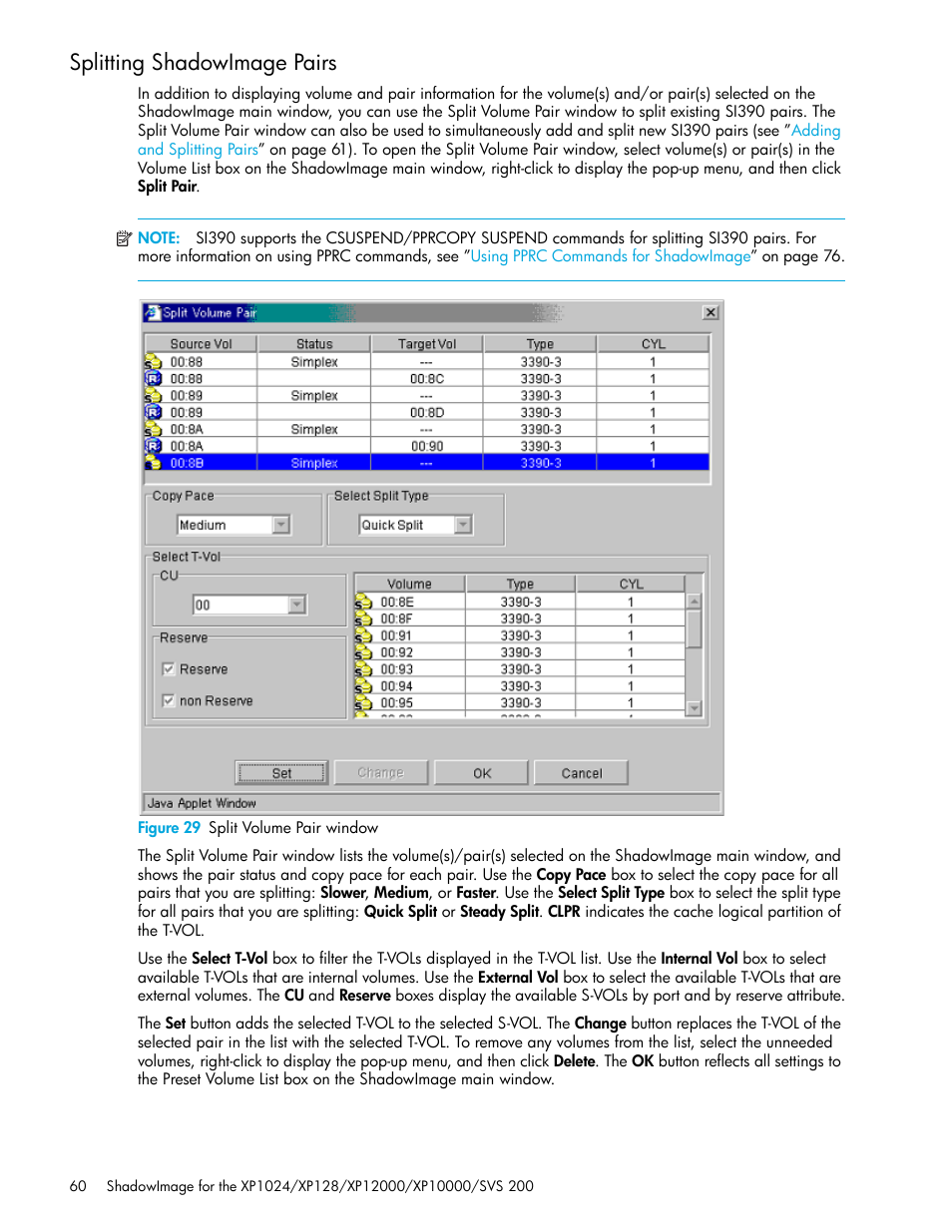 Splitting shadowimage pairs, Figure 29 split volume pair window, 29 split volume pair window | HP XP Business Copy Software User Manual | Page 60 / 178