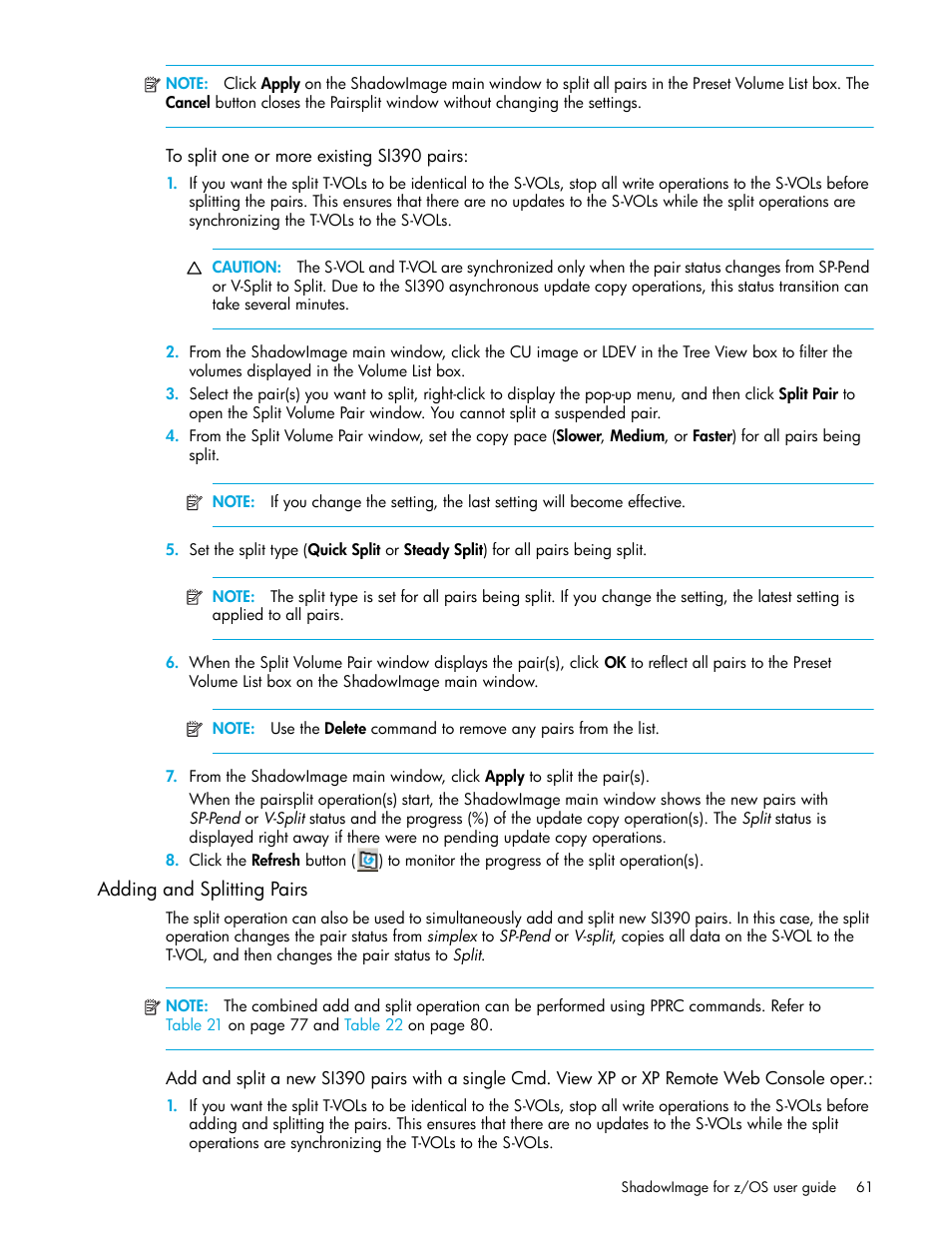 To split one or more existing si390 pairs, Adding and splitting pairs, Adding | And splitting pairs | HP XP Business Copy Software User Manual | Page 61 / 178