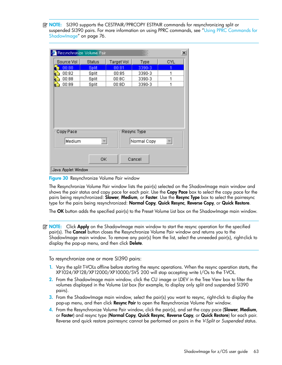 Figure 30 resynchronize volume pair window, To resynchronize one or more si390 pairs, 30 resynchronize volume pair window | HP XP Business Copy Software User Manual | Page 63 / 178