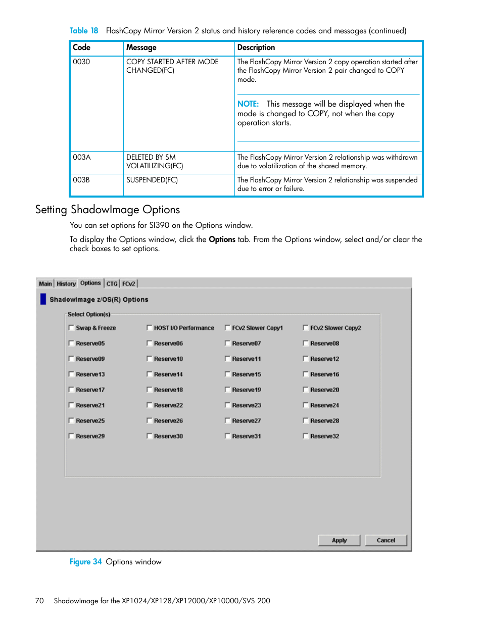 Setting shadowimage options, Figure 34 options window, 34 options window | HP XP Business Copy Software User Manual | Page 70 / 178