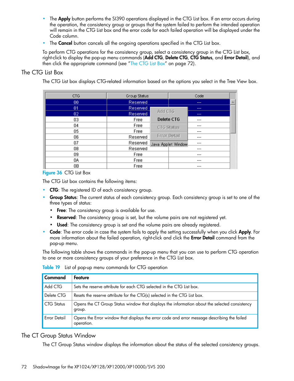 The ctg list box, Figure 36 ctg list box, The ct group status window | 36 ctg list box, 19 list of pop-up menu commands for ctg operation | HP XP Business Copy Software User Manual | Page 72 / 178