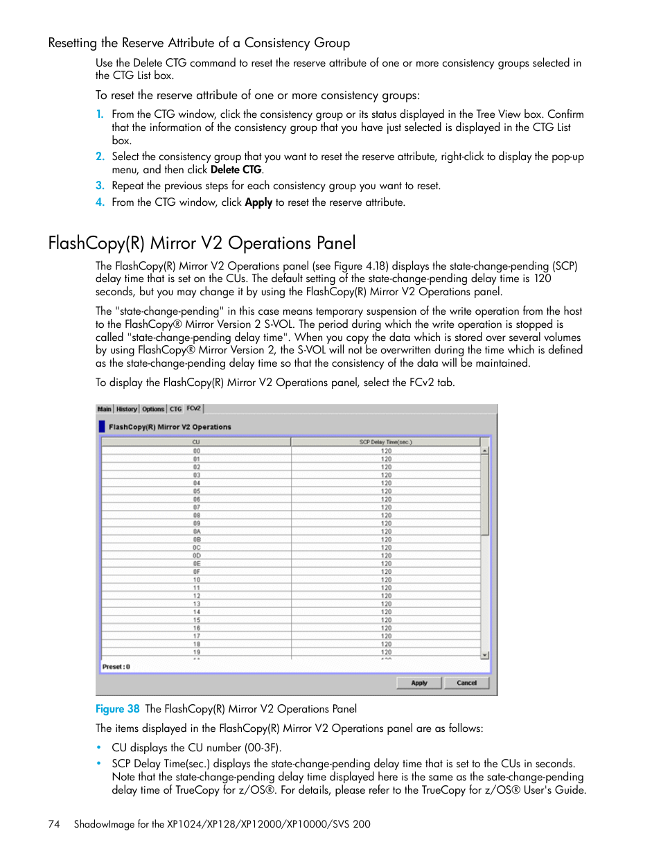 Flashcopy(r) mirror v2 operations panel, 38 the flashcopy(r) mirror v2 operations panel | HP XP Business Copy Software User Manual | Page 74 / 178