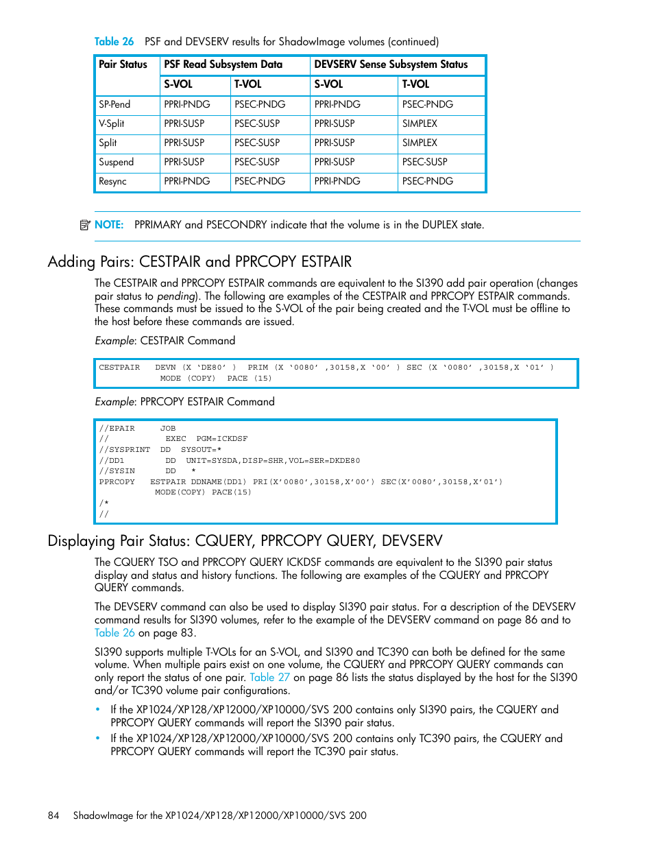 Adding pairs: cestpair and pprcopy estpair | HP XP Business Copy Software User Manual | Page 84 / 178