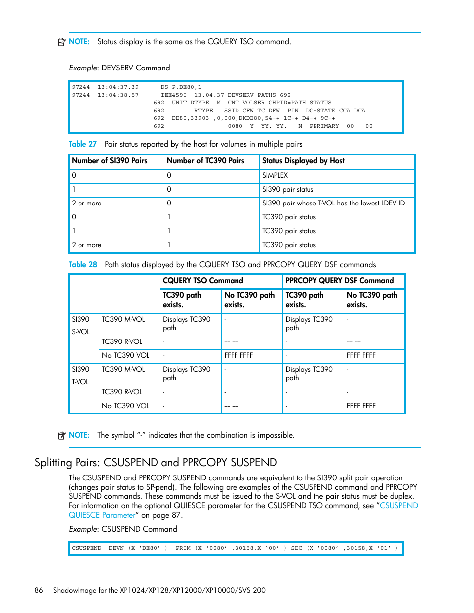 Splitting pairs: csuspend and pprcopy suspend, Table 27 | HP XP Business Copy Software User Manual | Page 86 / 178